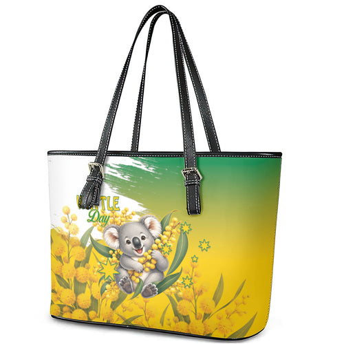Australia Wattle Day Leather Tote Bag Acacia Pycnantha Cute Koala