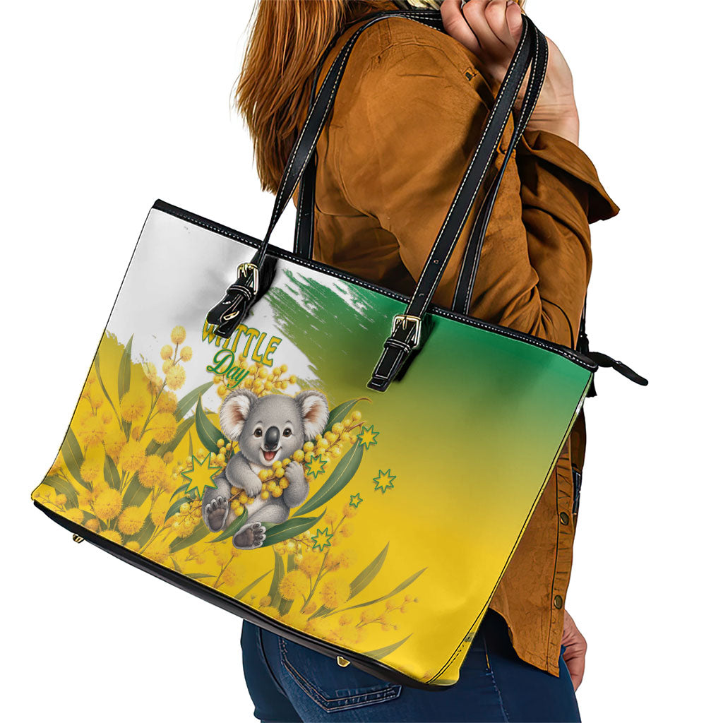 Australia Wattle Day Leather Tote Bag Acacia Pycnantha Cute Koala