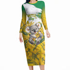 Australia Wattle Day Personalised Long Sleeve Bodycon Dress Acacia Pycnantha Cute Koala