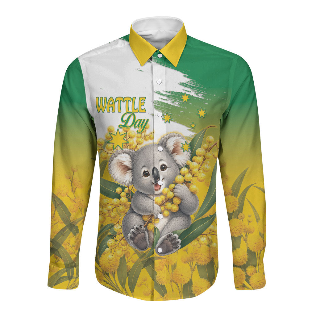 Australia Wattle Day Personalised Long Sleeve Button Shirt Acacia Pycnantha Cute Koala