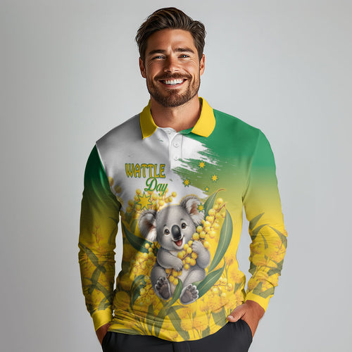 Australia Wattle Day Personalised Long Sleeve Polo Shirt Acacia Pycnantha Cute Koala