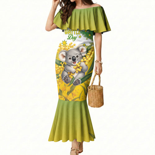 Australia Wattle Day Personalised Mermaid Dress Acacia Pycnantha Cute Koala
