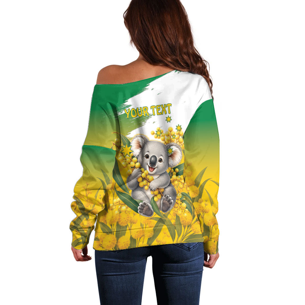 Australia Wattle Day Personalised Off Shoulder Sweater Acacia Pycnantha Cute Koala