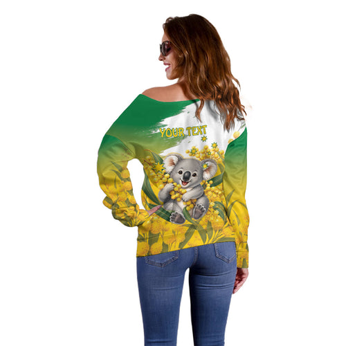 Australia Wattle Day Personalised Off Shoulder Sweater Acacia Pycnantha Cute Koala