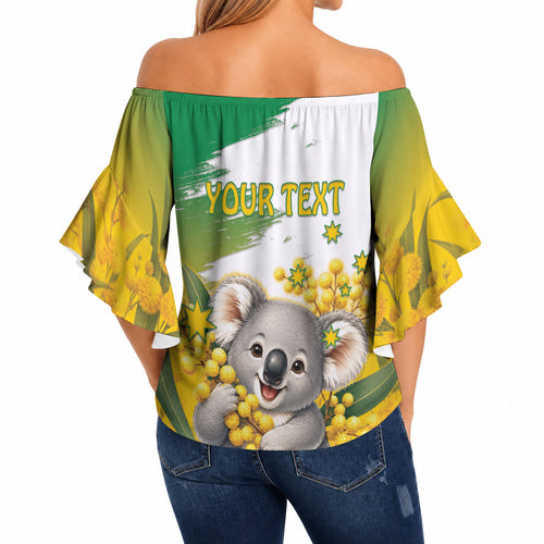 Australia Wattle Day Personalised Off Shoulder Wrap Waist Top Acacia Pycnantha Cute Koala