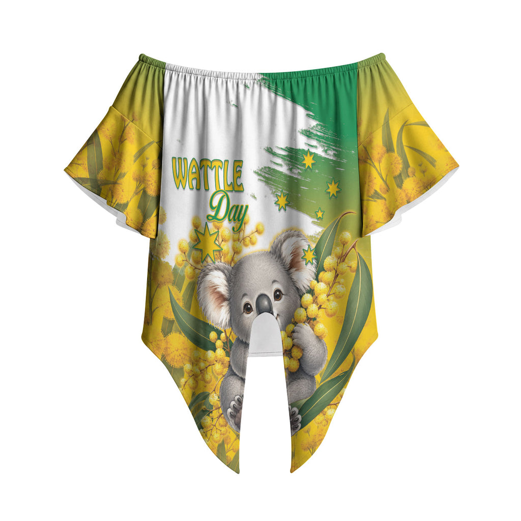 Australia Wattle Day Personalised Off Shoulder Wrap Waist Top Acacia Pycnantha Cute Koala