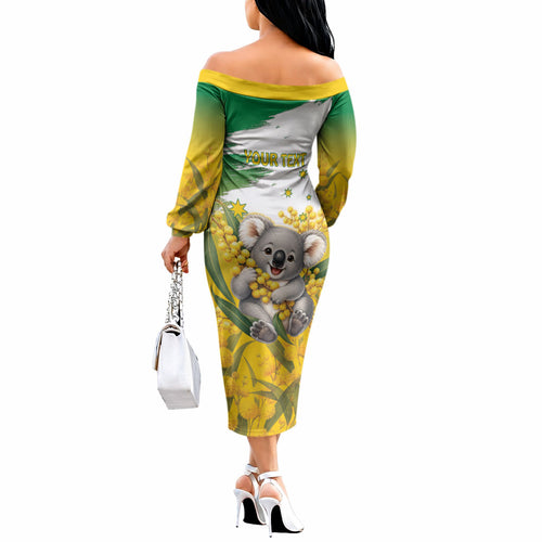 Australia Wattle Day Personalised Off The Shoulder Long Sleeve Dress Acacia Pycnantha Cute Koala
