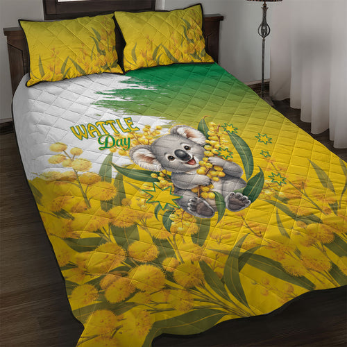 Australia Wattle Day Quilt Bed Set Acacia Pycnantha Cute Koala
