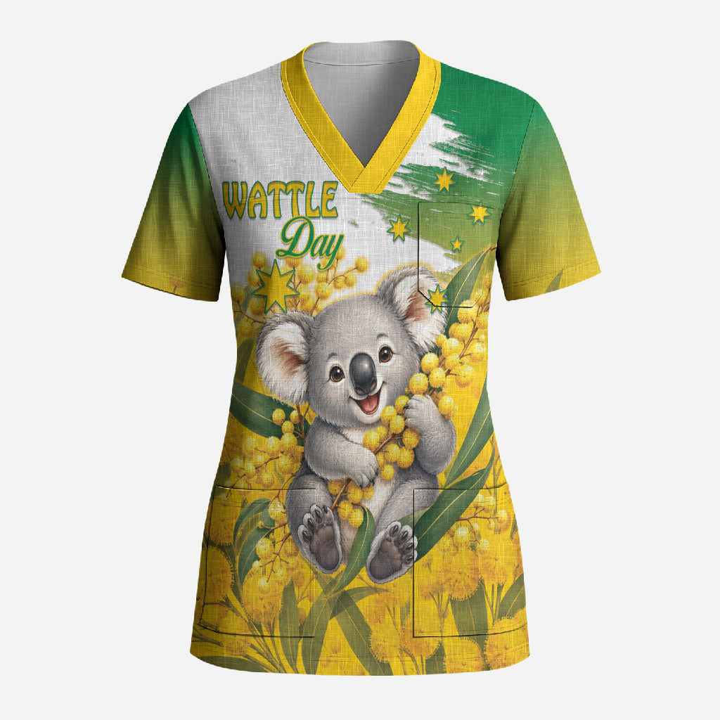 Australia Wattle Day Personalised Scrub Top Acacia Pycnantha Cute Koala