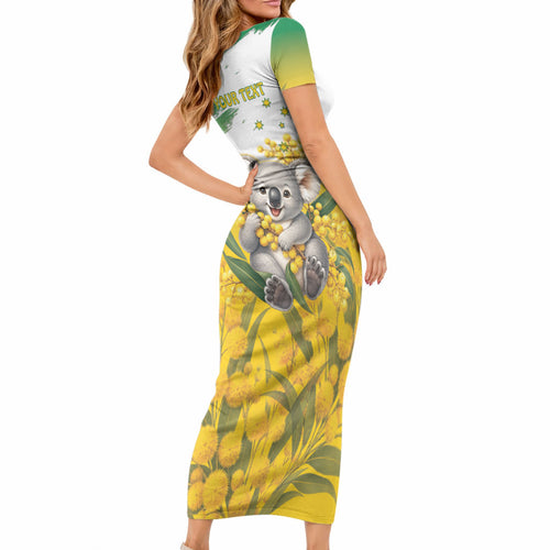 Australia Wattle Day Personalised Short Sleeve Bodycon Dress Acacia Pycnantha Cute Koala