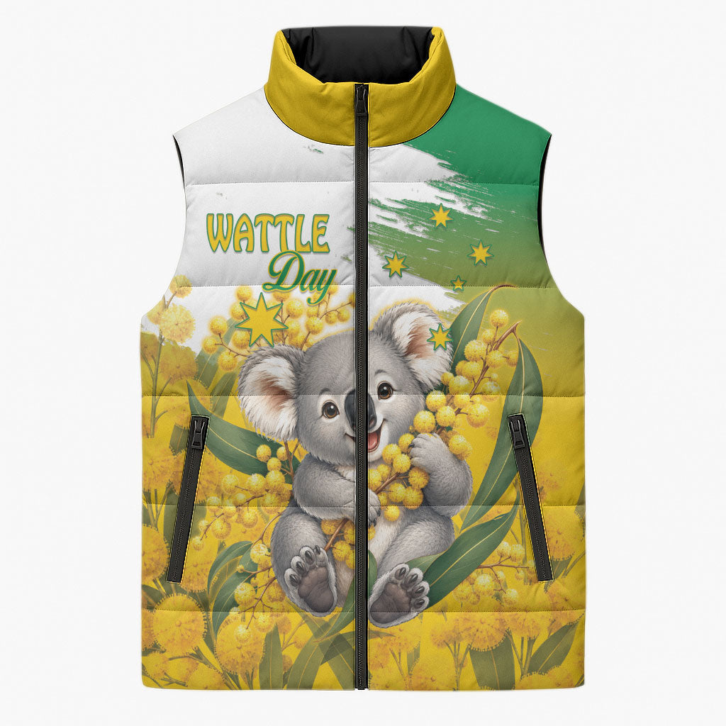 Australia Wattle Day Personalised Sleeveless Puffer Jacket Acacia Pycnantha Cute Koala