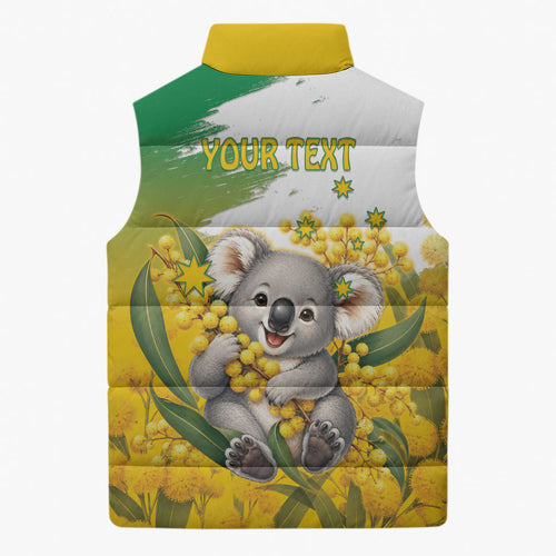 Australia Wattle Day Personalised Sleeveless Puffer Jacket Acacia Pycnantha Cute Koala
