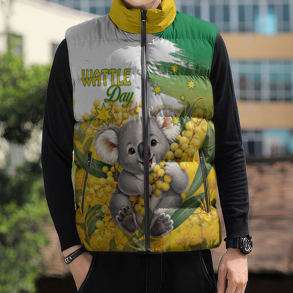 Australia Wattle Day Personalised Sleeveless Puffer Jacket Acacia Pycnantha Cute Koala