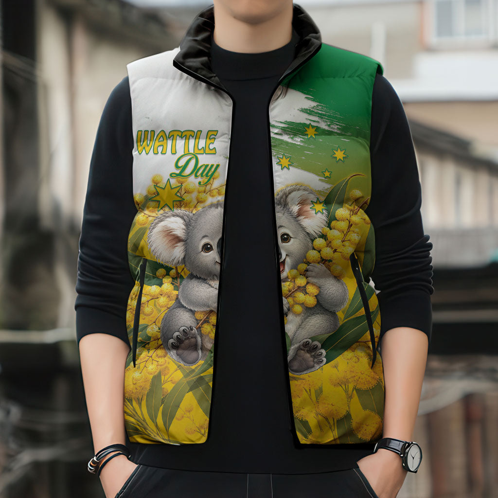 Australia Wattle Day Personalised Sleeveless Puffer Jacket Acacia Pycnantha Cute Koala