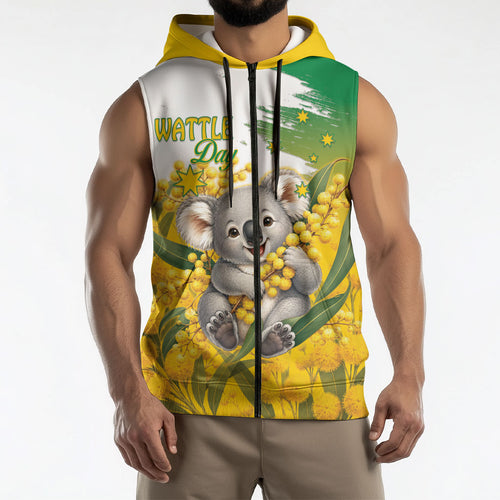 Australia Wattle Day Personalised Sleeveless Zip Hoodie Acacia Pycnantha Cute Koala