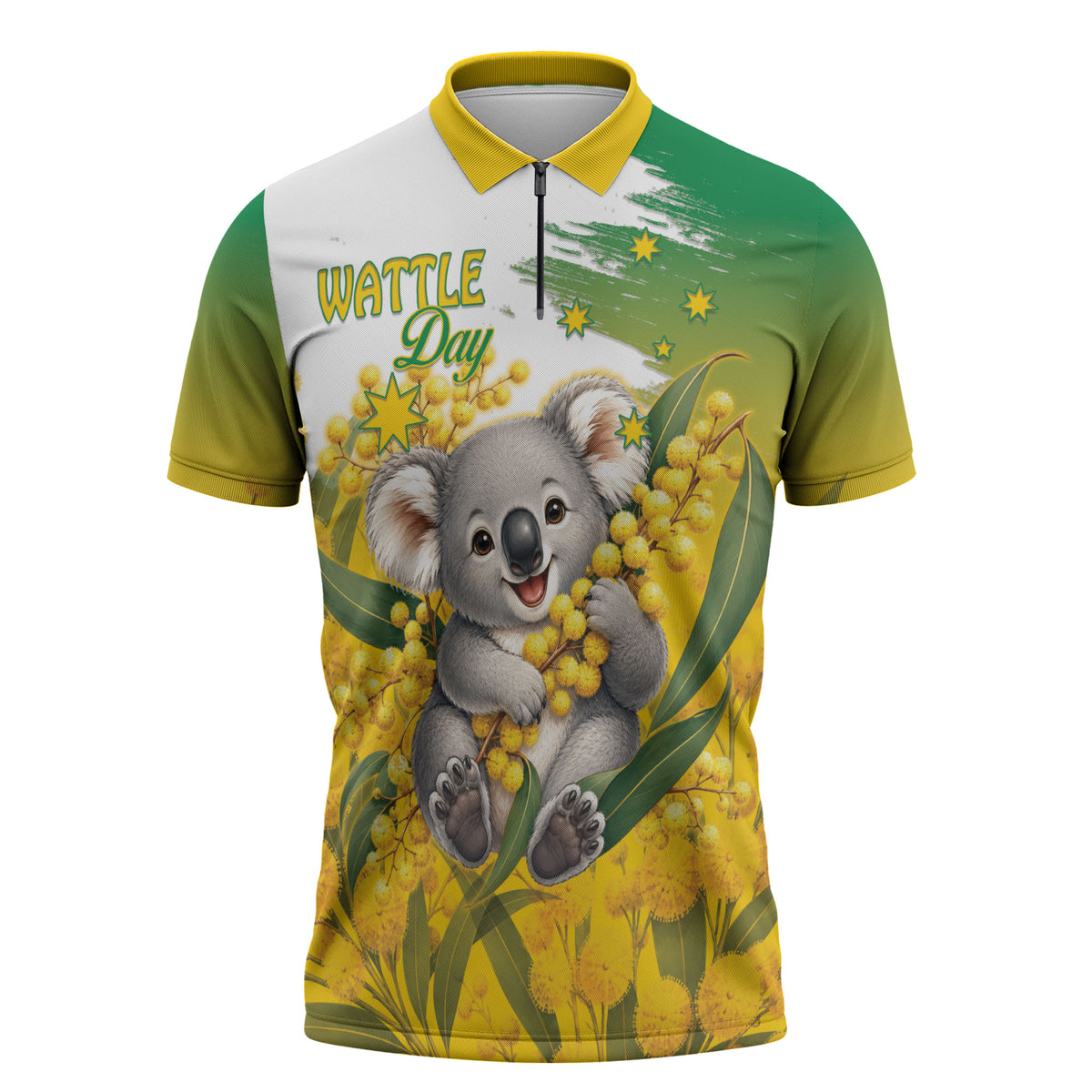Australia Wattle Day Personalised Zipper Polo Shirt Acacia Pycnantha Cute Koala