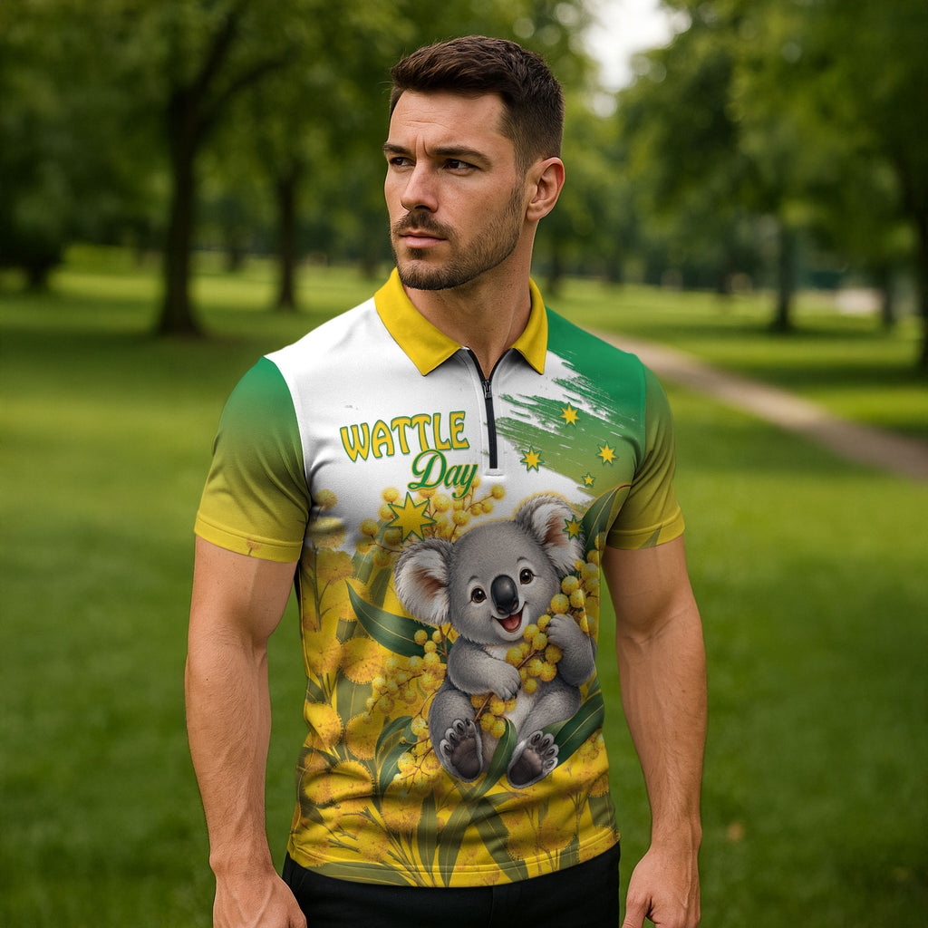 Australia Wattle Day Personalised Zipper Polo Shirt Acacia Pycnantha Cute Koala
