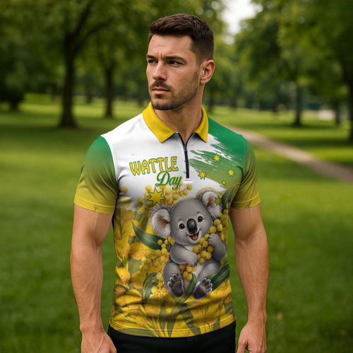 Australia Wattle Day Personalised Zipper Polo Shirt Acacia Pycnantha Cute Koala
