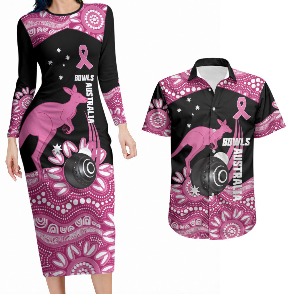Bowls Australia Breast Cancer Custom Couples Matching Long Sleeve Bodycon Dress and Hawaiian Shirt Think Pink Aboriginal Art