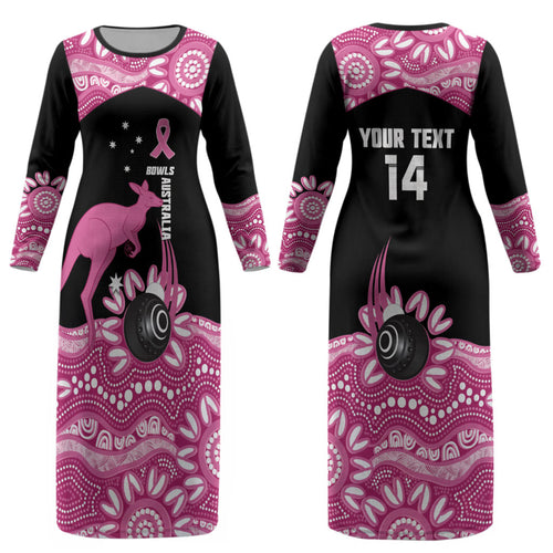 Bowls Australia Breast Cancer Custom Couples Matching Long Sleeve Bodycon Dress and Hawaiian Shirt Think Pink Aboriginal Art