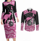 Bowls Australia Breast Cancer Custom Couples Matching Long Sleeve Bodycon Dress and Long Sleeve Button Shirt Think Pink Aboriginal Art