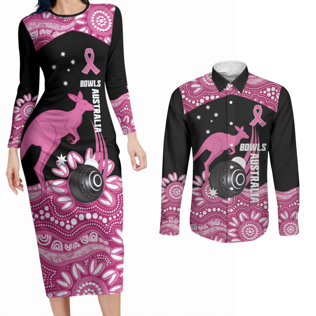 Bowls Australia Breast Cancer Custom Couples Matching Long Sleeve Bodycon Dress and Long Sleeve Button Shirt Think Pink Aboriginal Art
