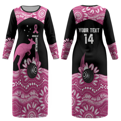 Bowls Australia Breast Cancer Custom Couples Matching Long Sleeve Bodycon Dress and Long Sleeve Button Shirt Think Pink Aboriginal Art