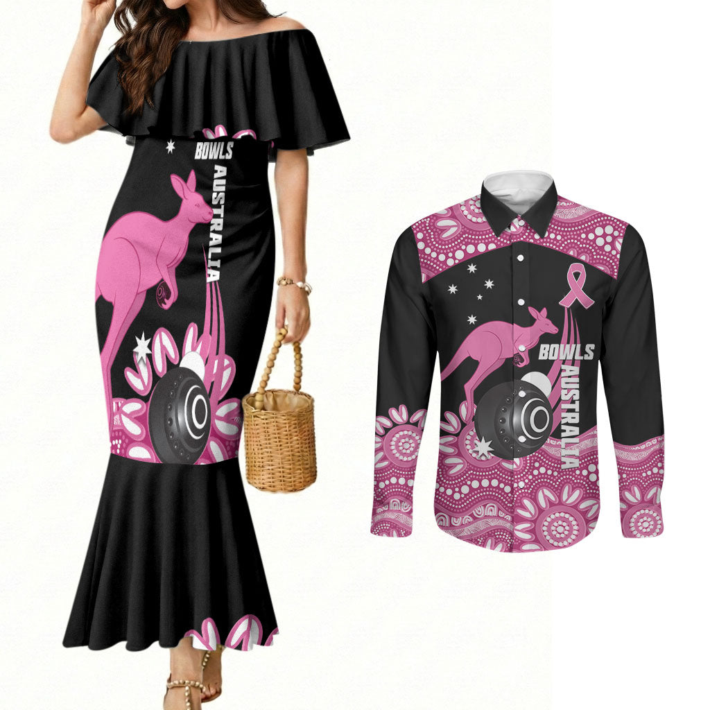 Bowls Australia Breast Cancer Custom Couples Matching Mermaid Dress and Long Sleeve Button Shirt Think Pink Aboriginal Art