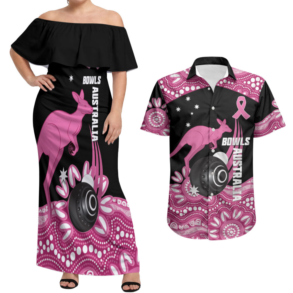 Bowls Australia Breast Cancer Custom Couples Matching Off Shoulder Maxi Dress and Hawaiian Shirt Think Pink Aboriginal Art
