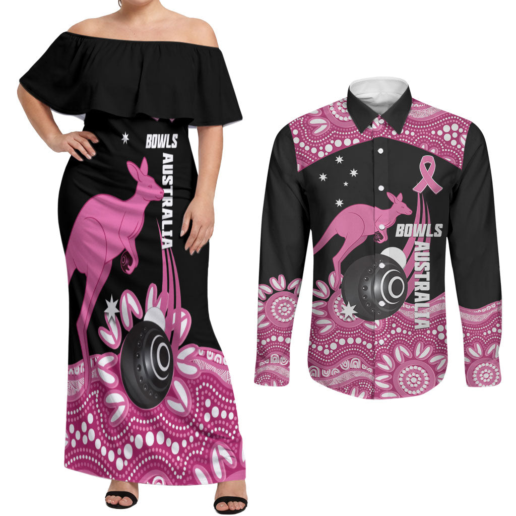 Bowls Australia Breast Cancer Custom Couples Matching Off Shoulder Maxi Dress and Long Sleeve Button Shirt Think Pink Aboriginal Art