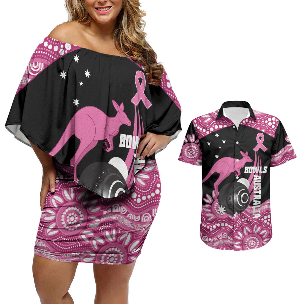 Bowls Australia Breast Cancer Custom Couples Matching Off Shoulder Short Dress and Hawaiian Shirt Think Pink Aboriginal Art