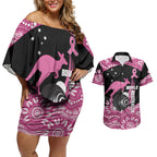 Bowls Australia Breast Cancer Custom Couples Matching Off Shoulder Short Dress and Hawaiian Shirt Think Pink Aboriginal Art