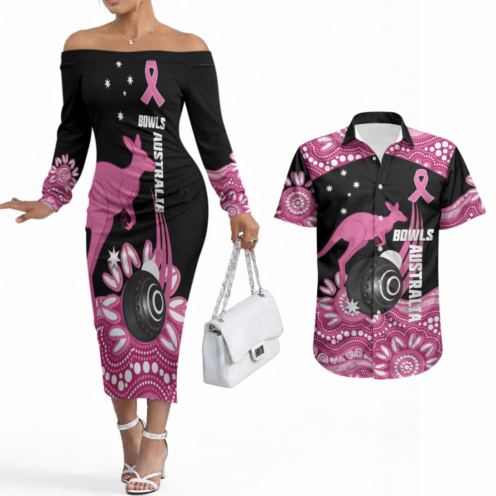 Bowls Australia Breast Cancer Custom Couples Matching Off The Shoulder Long Sleeve Dress and Hawaiian Shirt Think Pink Aboriginal Art