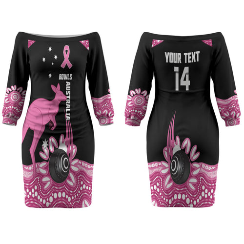 Bowls Australia Breast Cancer Custom Couples Matching Off The Shoulder Long Sleeve Dress and Hawaiian Shirt Think Pink Aboriginal Art