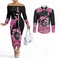 Bowls Australia Breast Cancer Custom Couples Matching Off The Shoulder Long Sleeve Dress and Long Sleeve Button Shirt Think Pink Aboriginal Art