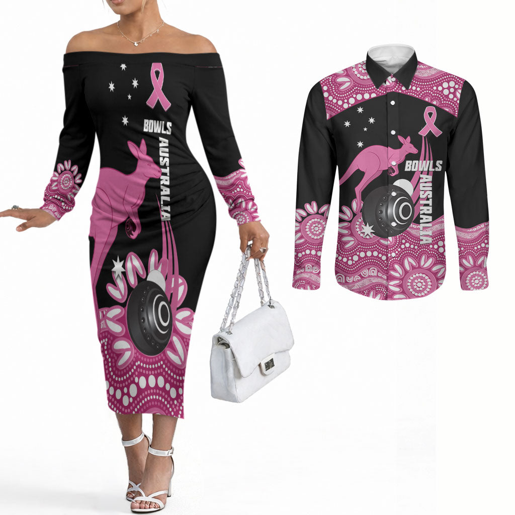 Bowls Australia Breast Cancer Custom Couples Matching Off The Shoulder Long Sleeve Dress and Long Sleeve Button Shirt Think Pink Aboriginal Art