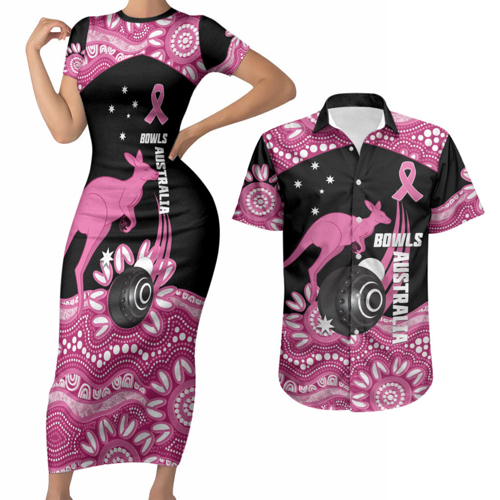 Bowls Australia Breast Cancer Custom Couples Matching Short Sleeve Bodycon Dress and Hawaiian Shirt Think Pink Aboriginal Art