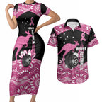 Bowls Australia Breast Cancer Custom Couples Matching Short Sleeve Bodycon Dress and Hawaiian Shirt Think Pink Aboriginal Art