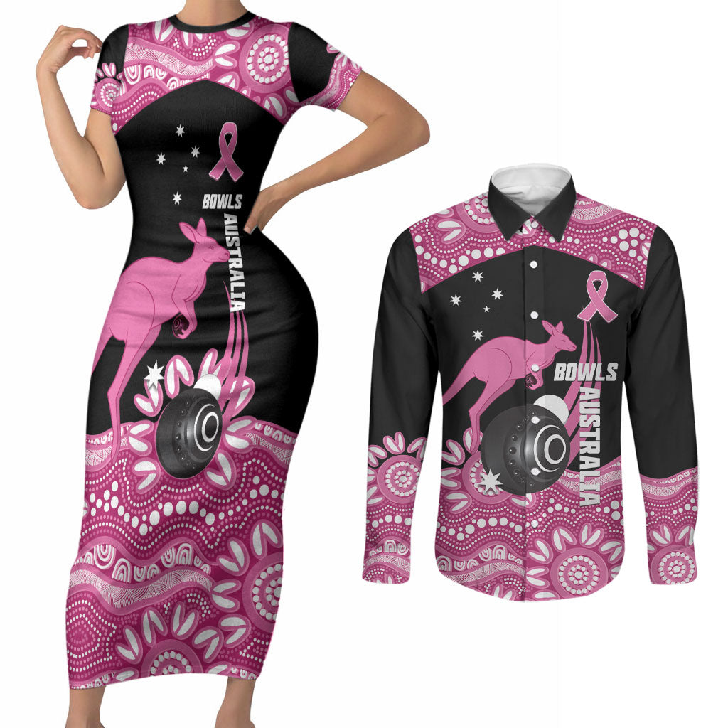 Bowls Australia Breast Cancer Custom Couples Matching Short Sleeve Bodycon Dress and Long Sleeve Button Shirt Think Pink Aboriginal Art