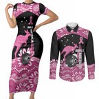 Bowls Australia Breast Cancer Custom Couples Matching Short Sleeve Bodycon Dress and Long Sleeve Button Shirt Think Pink Aboriginal Art