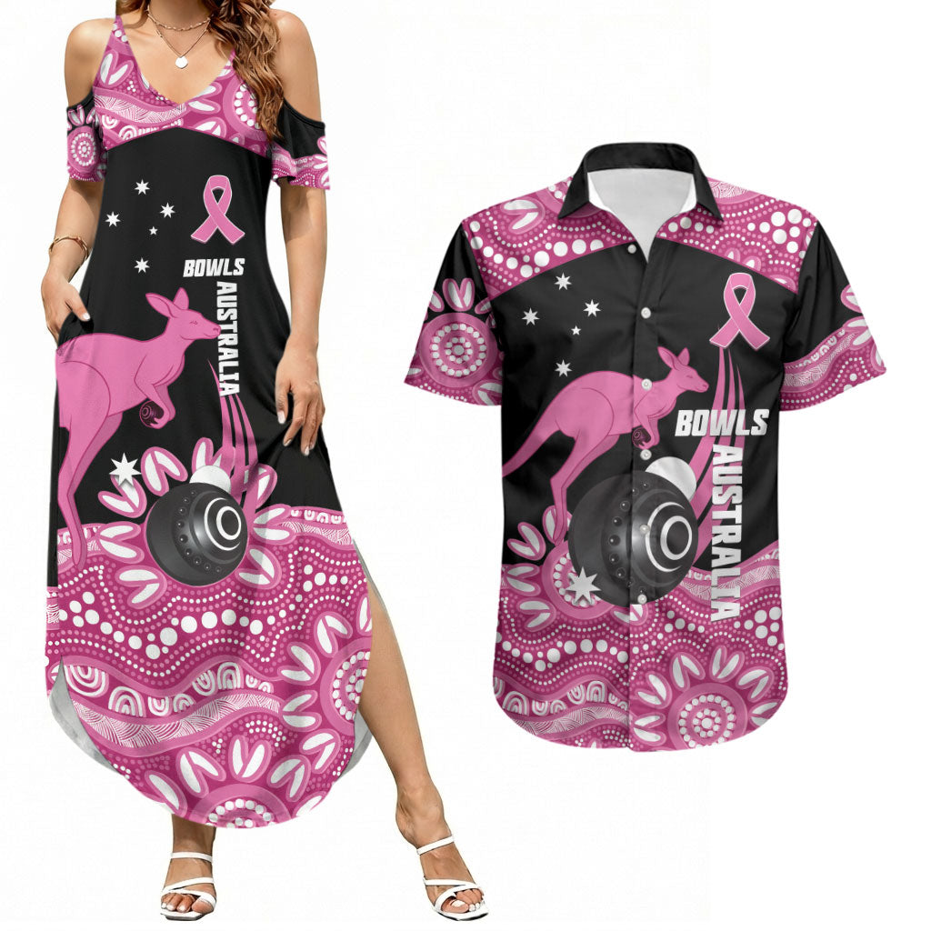 Bowls Australia Breast Cancer Custom Couples Matching Summer Maxi Dress and Hawaiian Shirt Think Pink Aboriginal Art