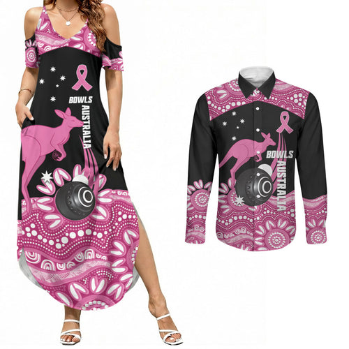Bowls Australia Breast Cancer Custom Couples Matching Summer Maxi Dress and Long Sleeve Button Shirt Think Pink Aboriginal Art
