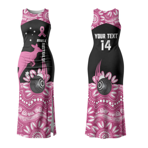 Bowls Australia Breast Cancer Custom Couples Matching Tank Maxi Dress and Long Sleeve Button Shirt Think Pink Aboriginal Art