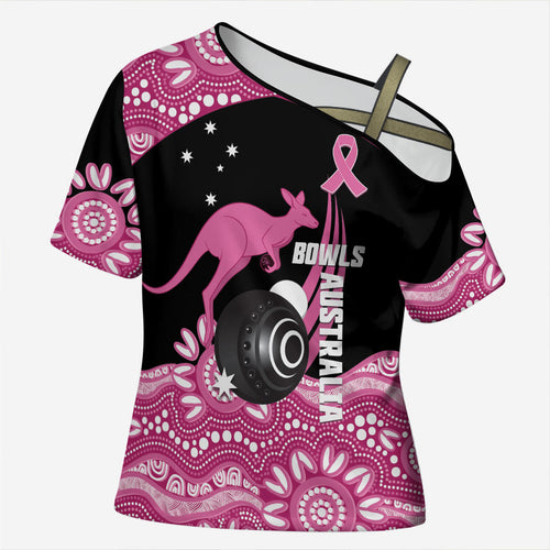 Bowls Australia Breast Cancer Custom Cross Shoulder Shirt Think Pink Aboriginal Art