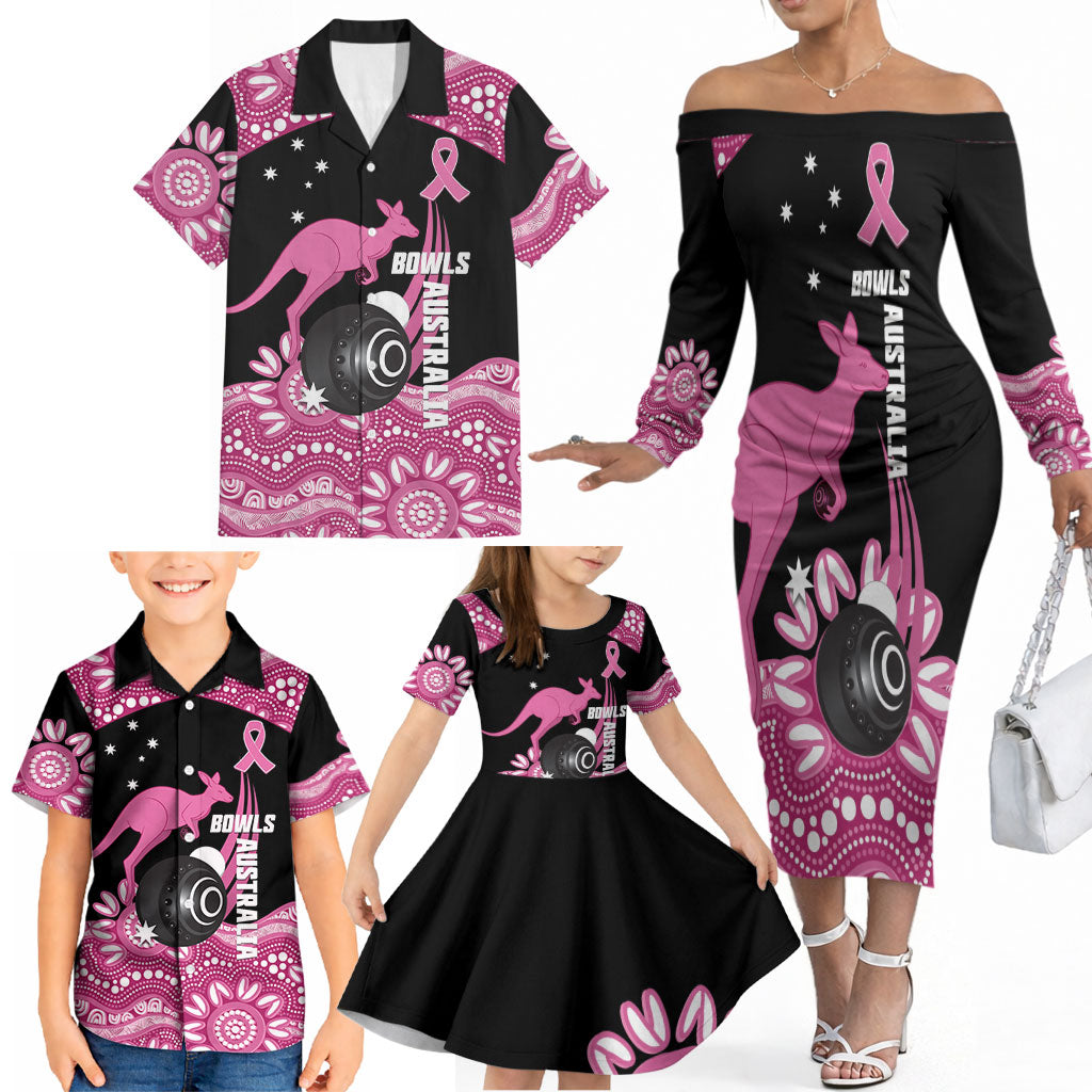 Bowls Australia Breast Cancer Custom Family Matching Off The Shoulder Long Sleeve Dress and Hawaiian Shirt Think Pink Aboriginal Art