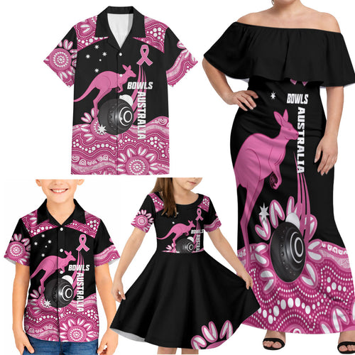 Bowls Australia Breast Cancer Custom Family Matching Off Shoulder Maxi Dress and Hawaiian Shirt Think Pink Aboriginal Art