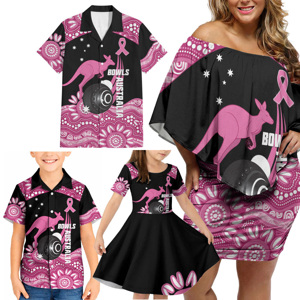 Bowls Australia Breast Cancer Custom Family Matching Off Shoulder Short Dress and Hawaiian Shirt Think Pink Aboriginal Art