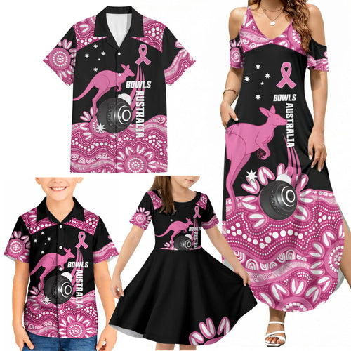 Bowls Australia Breast Cancer Custom Family Matching Summer Maxi Dress and Hawaiian Shirt Think Pink Aboriginal Art