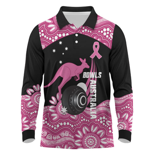 Bowls Australia Breast Cancer Custom Long Sleeve Polo Shirt Think Pink Aboriginal Art