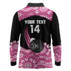 Bowls Australia Breast Cancer Custom Long Sleeve Polo Shirt Think Pink Aboriginal Art